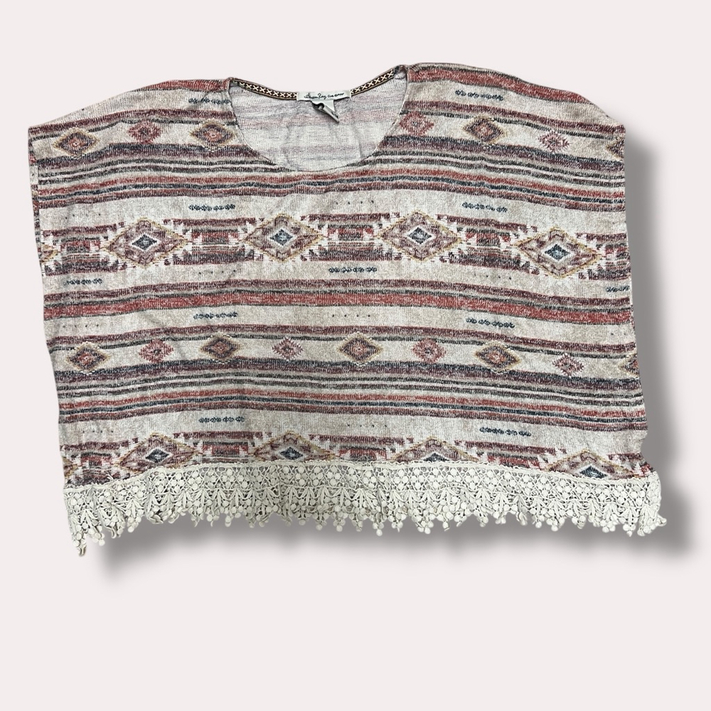 American Rag Aztec Poncho Top S/M Boho Crochet Lace Hem Oversized USA - Picture 11 of 12